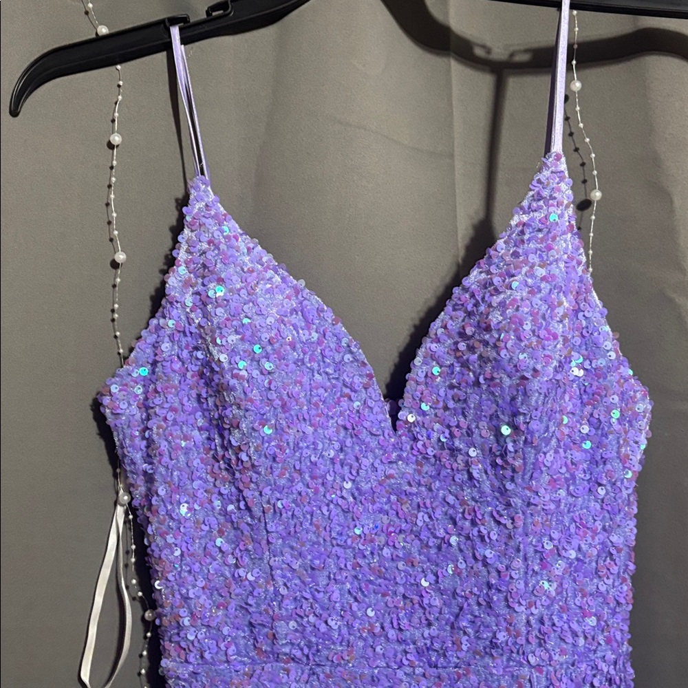 B.Smart Purple Sequin Spaghetti Strap Maxi Dress With V-Neck & Side Slit - Picture 4 of 9